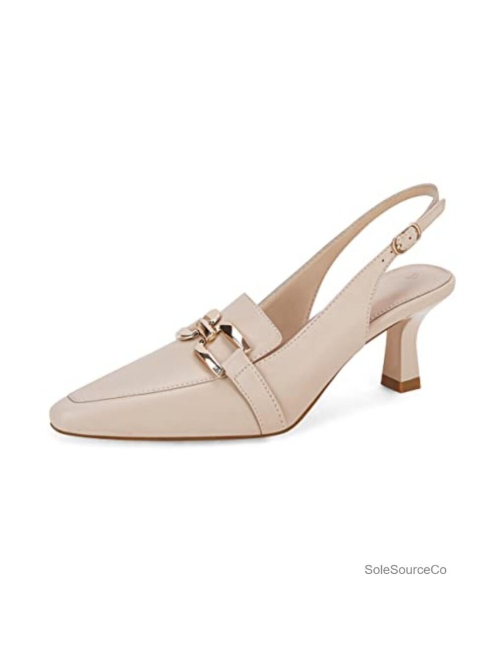 Faux Leather Kitten Heels Slingback Pumps Closed Toe Metal Chain Work Dress
